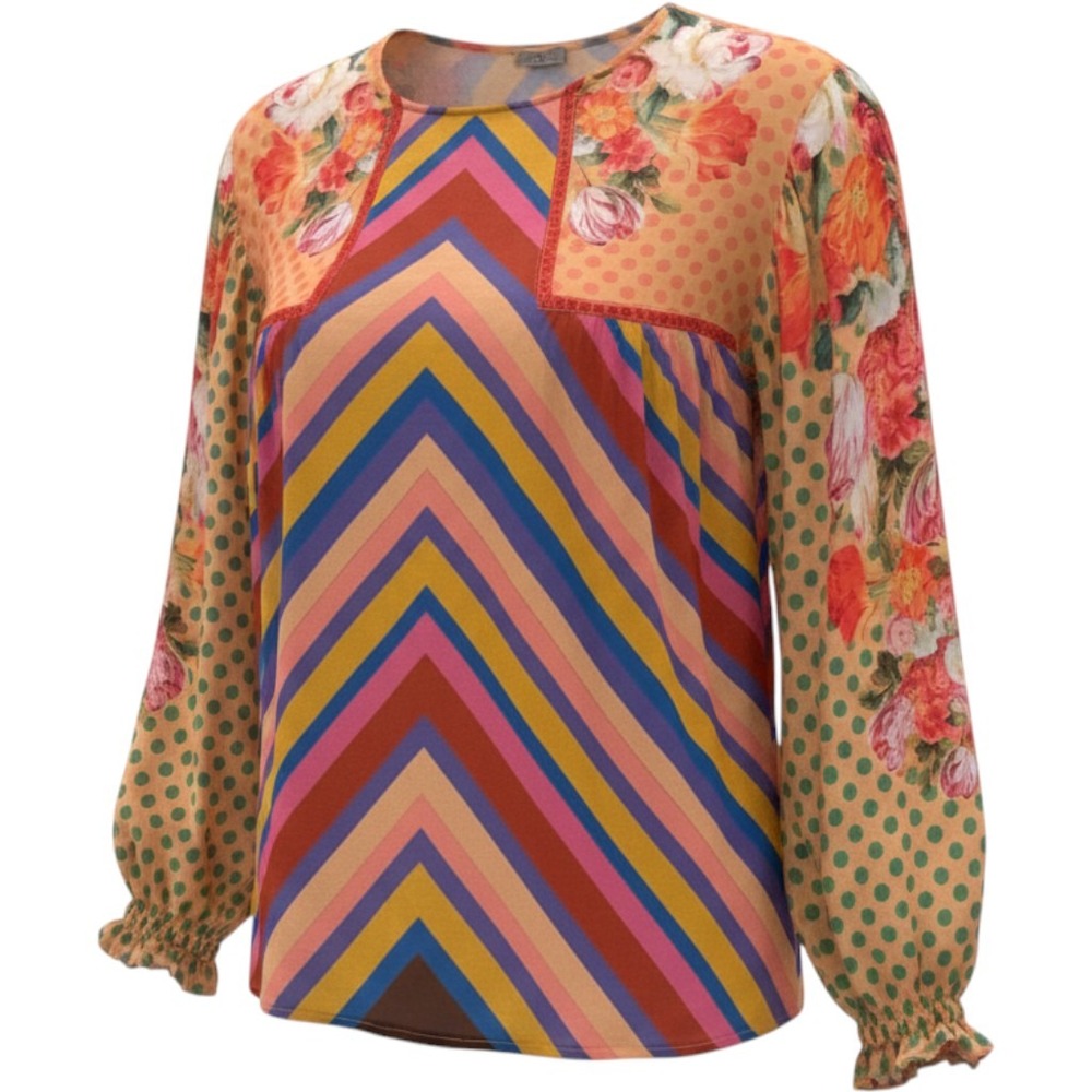 Blank London Miranda Blouse Women LMulticolor Mixed Print Floral Polka Dot Boho
